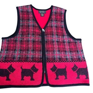 Vintage wool plaid red black scotty dogs zip front vest winter dog lover LG